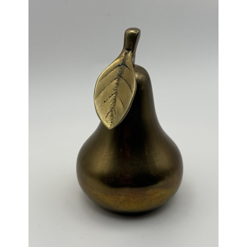 Vintage Solid Brass Pear Figurine Bell Paperweight Leaf & Stem Made Korea MCM